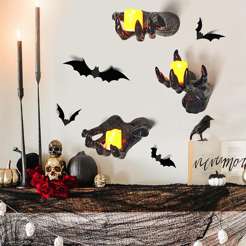 Gothic Halloween Indoor Decor: 12-Pack Bat Sticker Wall Hangings (Spooky Hands & Lit Candles)